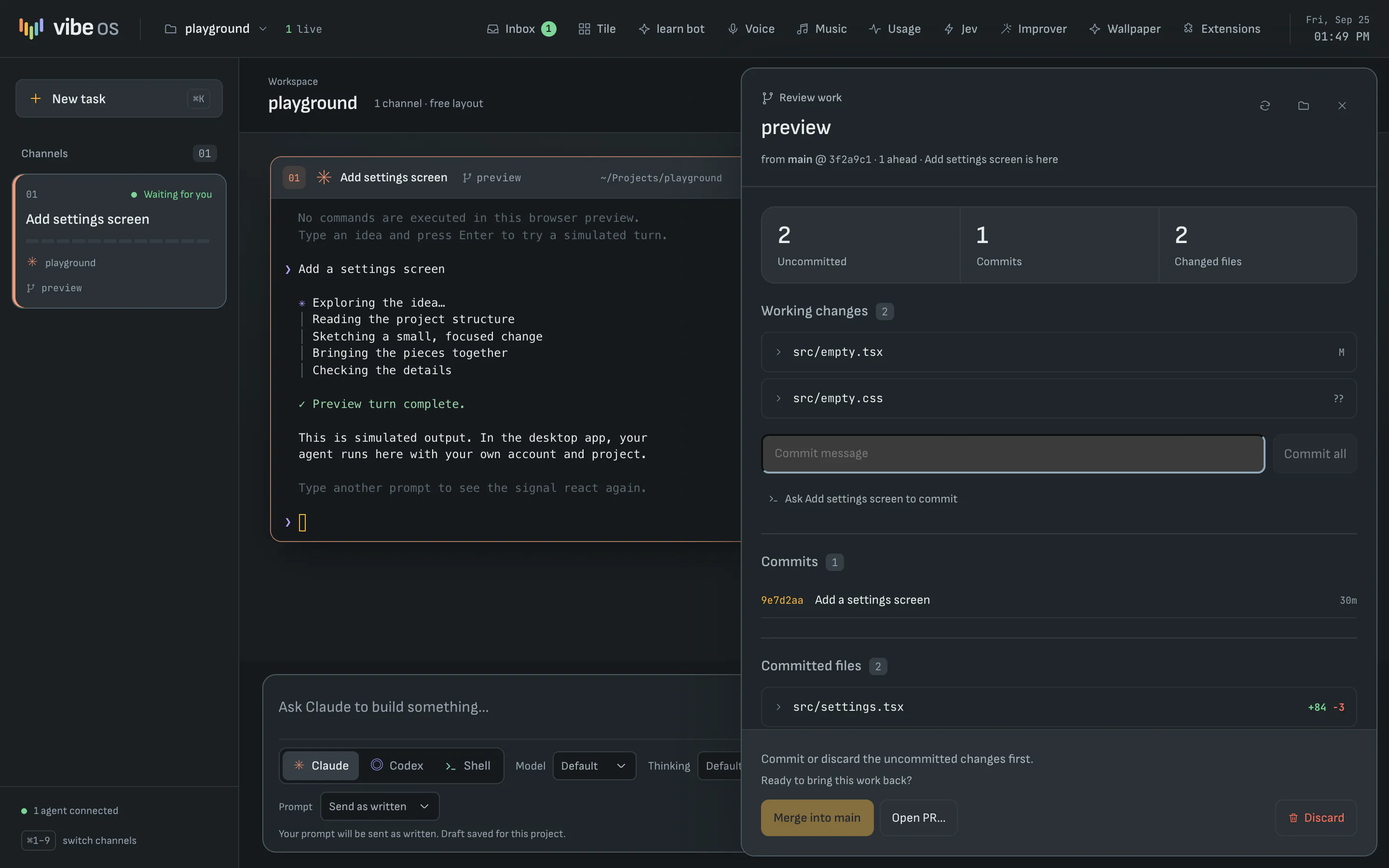 The Changes panel reviewing an agent's worktree branch: two uncommitted files, one commit and two changed files, with a commit box and buttons to merge into main, open a pull request or discard.