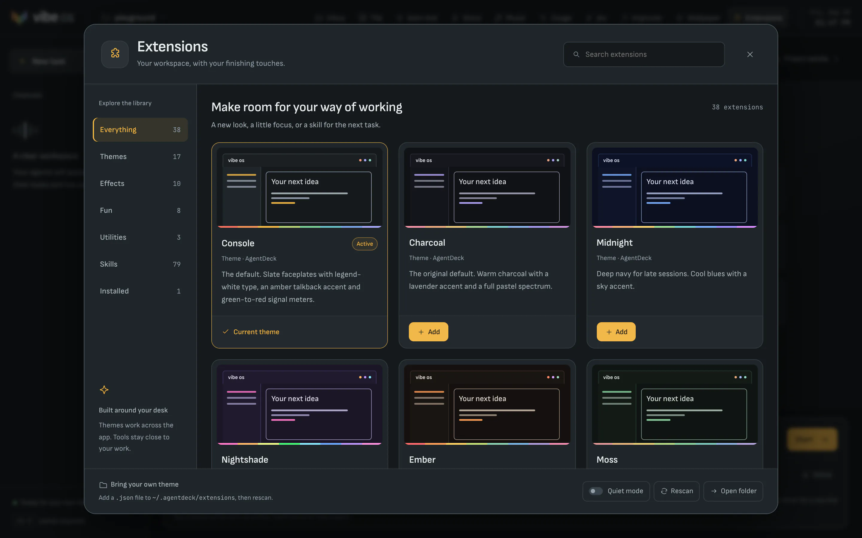 The Extensions store showing built-in themes such as Console, Charcoal, Midnight, Nightshade, Ember and Moss.