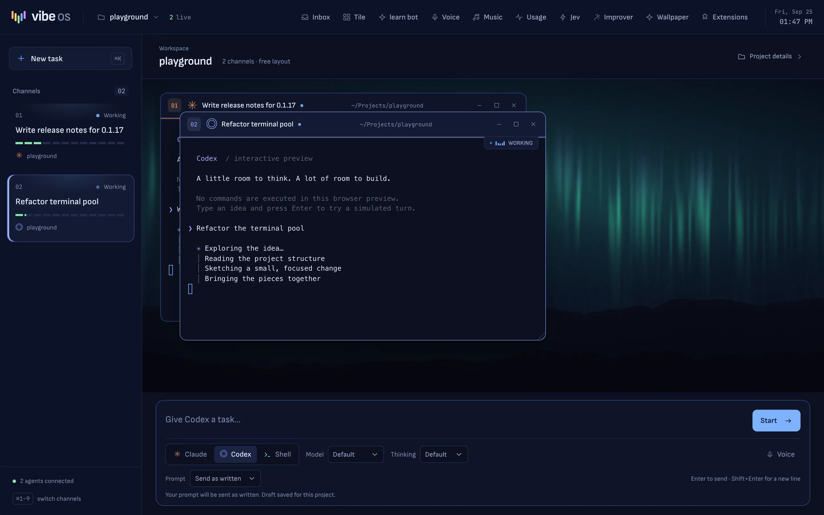 The Midnight theme with the Aurora wallpaper: deep navy panels and blue accents over green northern lights.